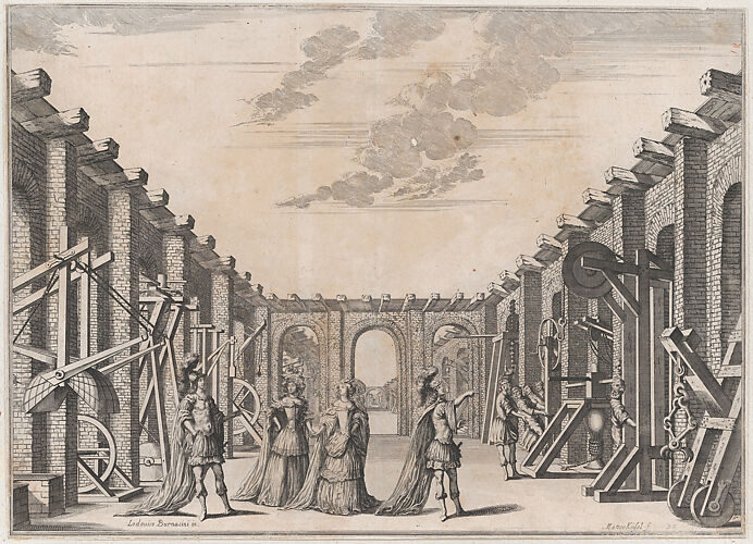 Two men in classical armor and two women looking at the mechanical devices on either side of an open courtyard; set design from 'Il Fuoco Eterno'