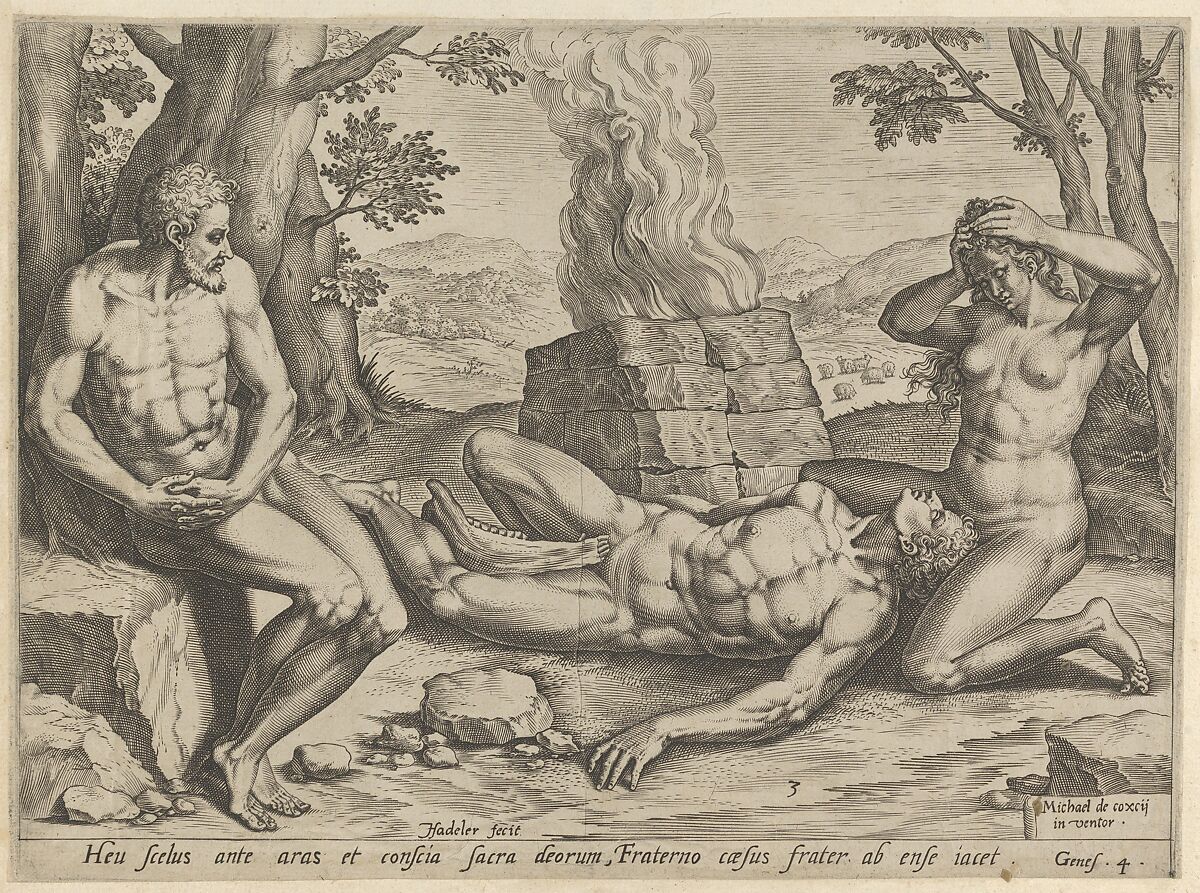 Adam and Eve mourning the death of Abel (plate 3 from The Story of Cain and Abel), Johann Sadeler I (Netherlandish, Brussels 1550–1600/1601 Venice), Engraving 