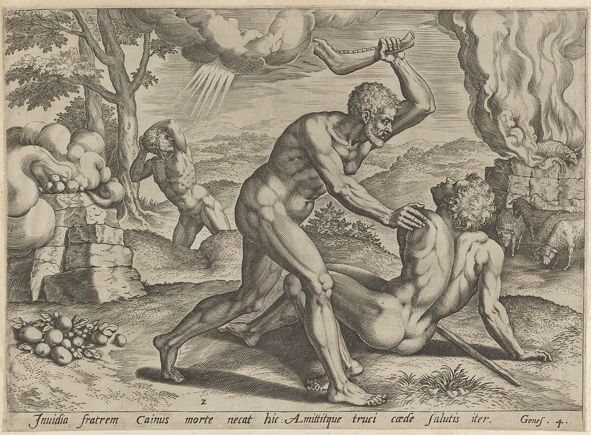 Cain murdering Abel (plate 2 from The Story of Cain and Abel), Johann Sadeler I (Netherlandish, Brussels 1550–1600/1601 Venice), Engraving 