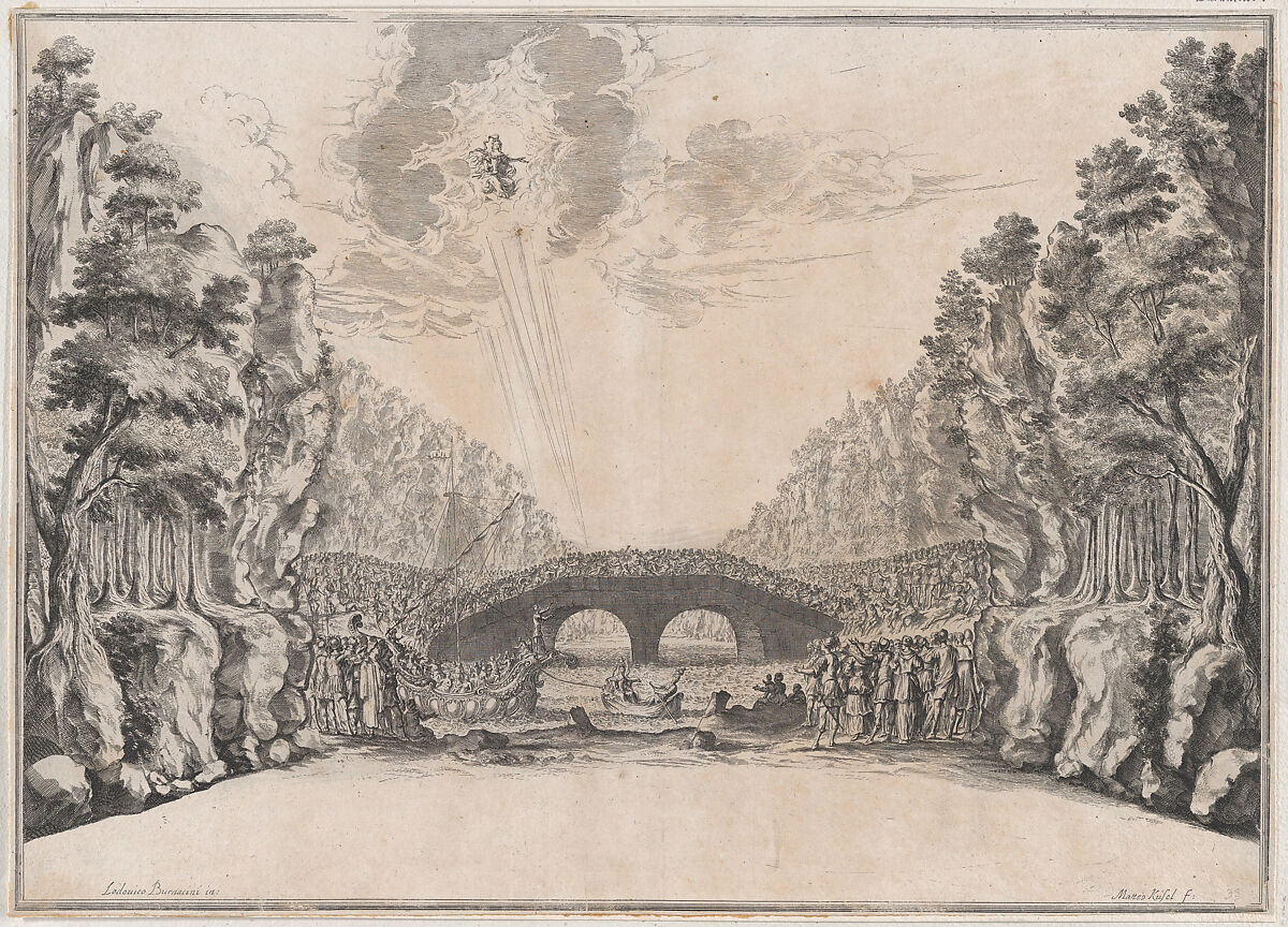 A row boat leading a ship to shore while a large group of figures looks on from the coast and along the bridge at center; a deity appears in the sky at upper left; set design from 'Il Fuoco Eterno', Mathäus Küsel (German, 1621–1682), Etching 