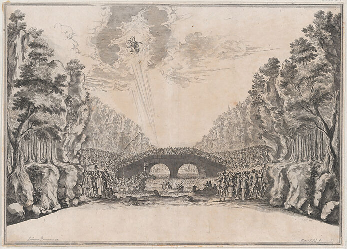 A row boat leading a ship to shore while a large group of figures looks on from the coast and along the bridge at center; a deity appears in the sky at upper left; set design from 'Il Fuoco Eterno'