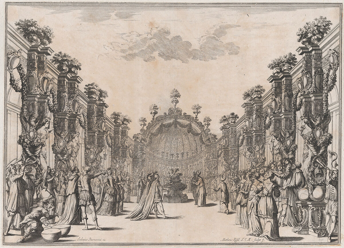 A large group gathered in a courtyard before a domed structure; musicians play at left; set design from 'Il Fuoco Eterno', Mathäus Küsel (German, 1621–1682), Etching 