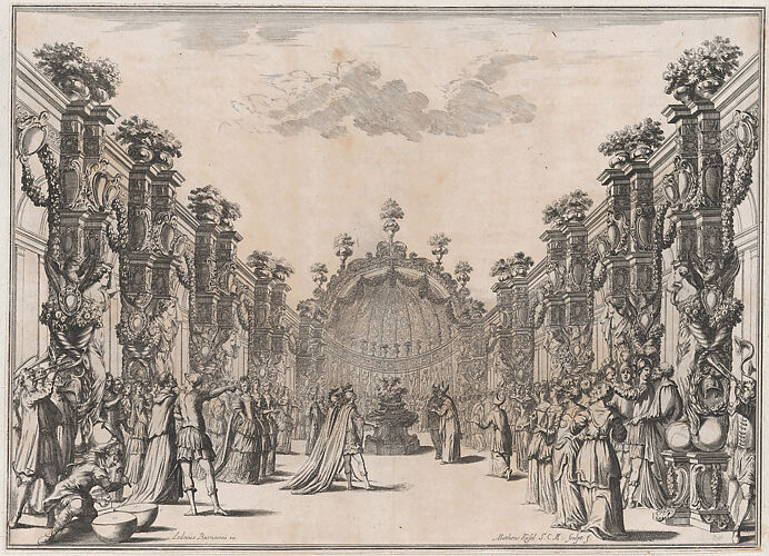 A large group gathered in a courtyard before a domed structure; musicians play at left; set design from 'Il Fuoco Eterno'