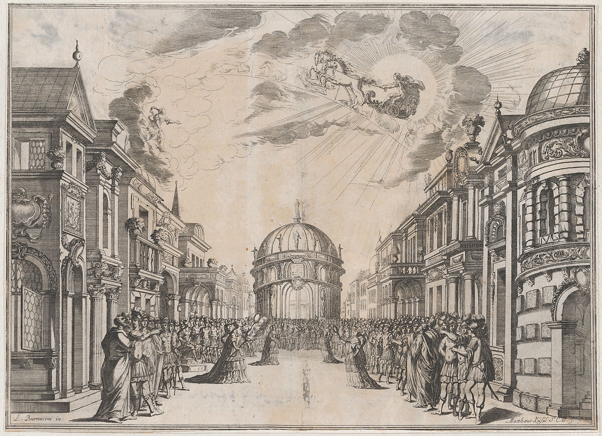 A large gathering of people in the street as a goddess races across the sky in a chariot led by four horses; set design from 'Il Fuoco Eterno', Mathäus Küsel (German, 1621–1682), Etching 
