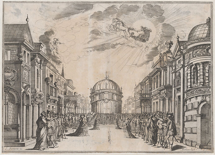 A large gathering of people in the street as a goddess races across the sky in a chariot led by four horses; set design from 'Il Fuoco Eterno'