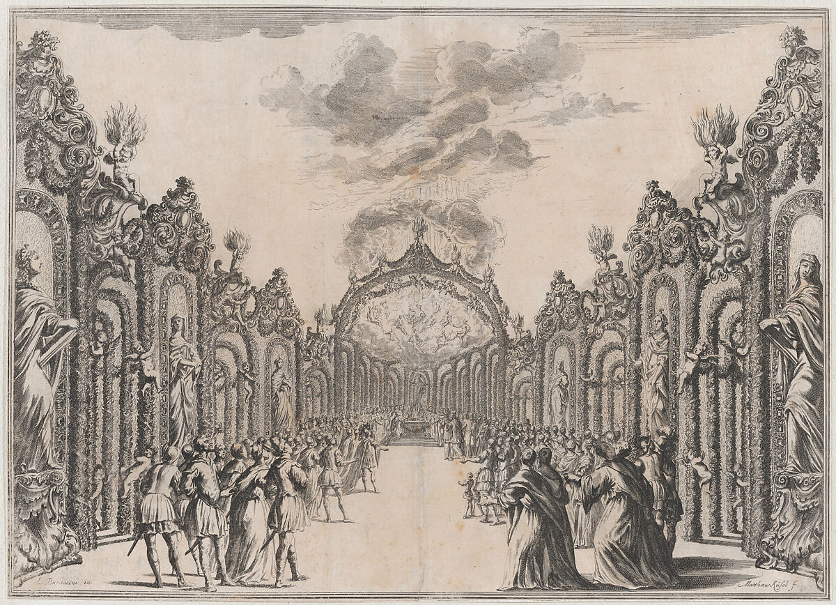 A sacrifice to the Olympian gods taking place at the end of a path lined with statues and foliage; set design from 'Il Fuoco Eterno', Mathäus Küsel (German, 1621–1682), Etching 