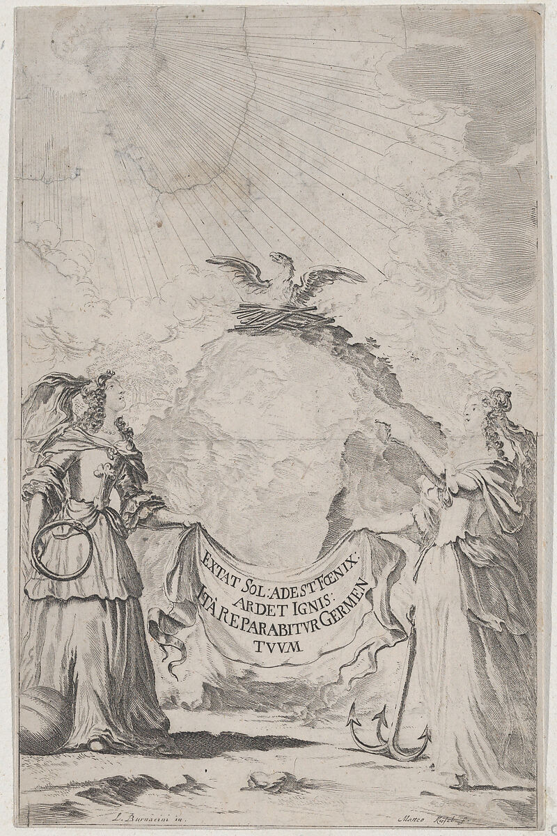 Two women holding a banner at center as a phoenix rises above; set design from 'Il Fuoco Eterno', Mathäus Küsel (German, 1621–1682), Etching 