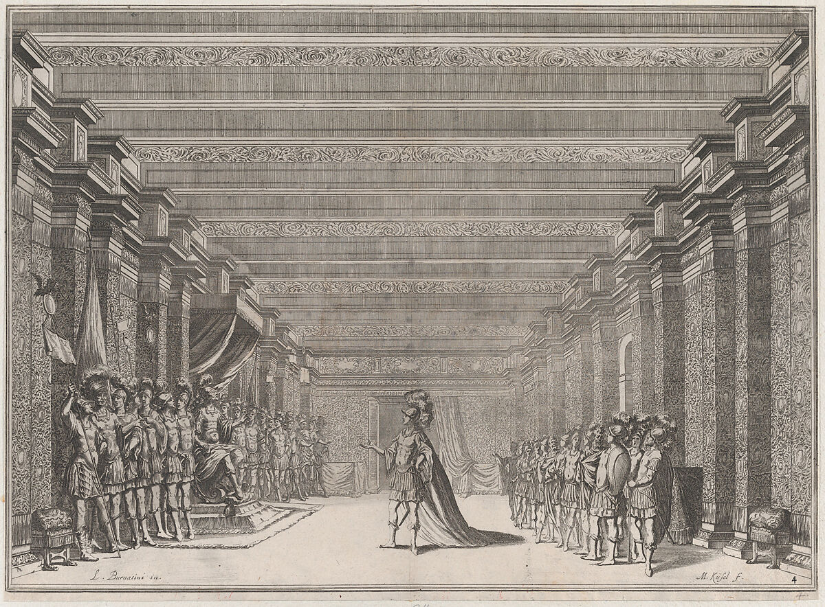 Throne room with a man in classical armor standing at center addressing a man seated on a throne at left; soldiers lined on either side of the room; set design from 'Il Fuoco Eterno', Mathäus Küsel (German, 1621–1682), Etching 