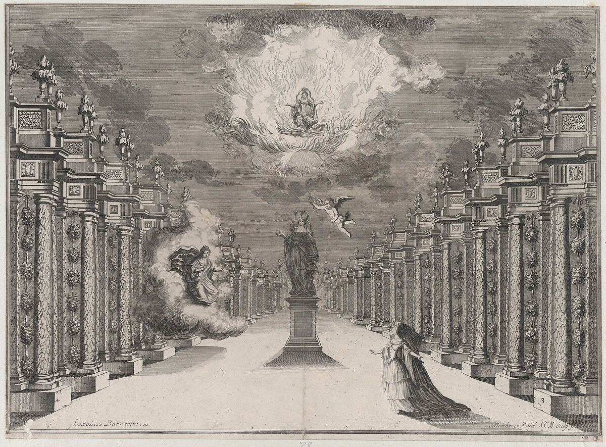 A woman standing on the right side of a road lined with columns; at center a statue of a female with cupid flying nearby; to the left, a woman emerging from the clouds as another sits among flames above; set design from 'Il Fuoco Eterno', Mathäus Küsel (German, 1621–1682), Etching 