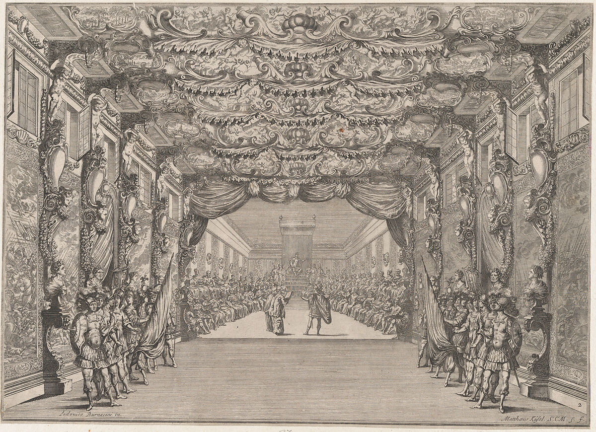 The Roman curia with guards in the anteroom; set design from 'Il Fuoco Eterno', Mathäus Küsel (German, 1621–1682), Etching 