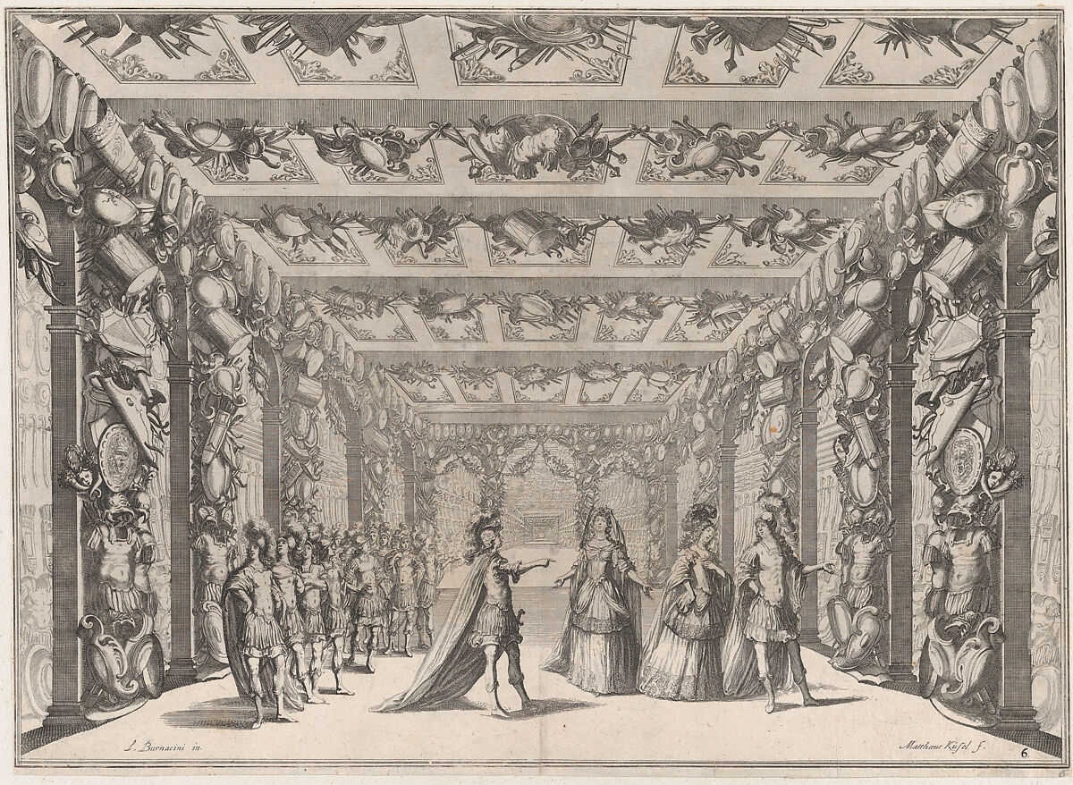 The Arsenal; two soldiers conversing with two women on the right as a group of soldiers look on from the left; set design from 'Il Fuoco Eterno', Mathäus Küsel (German, 1621–1682), Etching 