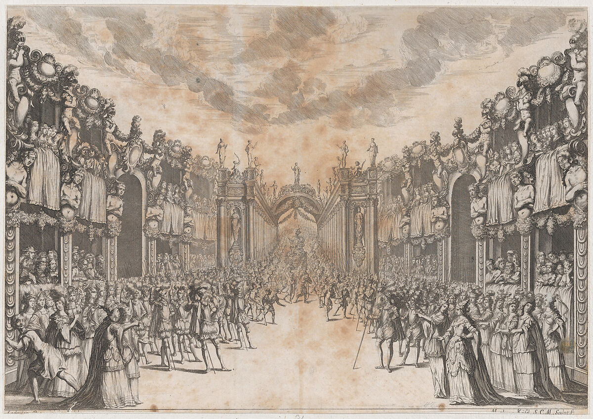 Men and women gathererd in the street to view the entrance of a royal figure, who is carried into the city on a throne; set design from 'La Monarchia Latina Trionfante', Mathäus Küsel (German, 1621–1682), Etching 