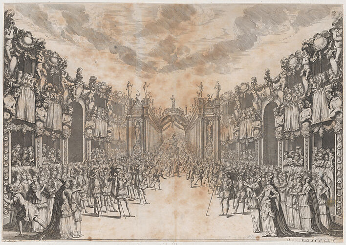 Men and women gathererd in the street to view the entrance of a royal figure, who is carried into the city on a throne; set design from 'La Monarchia Latina Trionfante'