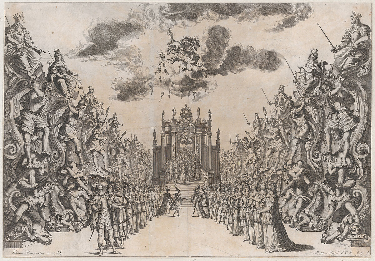 Magnificent Hall of Astrea; men and women gathered in the street to view a procession through a triumphal arch and down the stairs into the city; the procession is led by a female wearing a crown, she is followed by various figures in varying costume; set design from 'La Monarchia Latina Trionfante', Mathäus Küsel (German, 1621–1682), Etching 