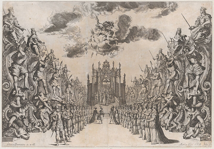 Magnificent Hall of Astrea; men and women gathered in the street to view a procession through a triumphal arch and down the stairs into the city; the procession is led by a female wearing a crown, she is followed by various figures in varying costume; set design from 'La Monarchia Latina Trionfante'