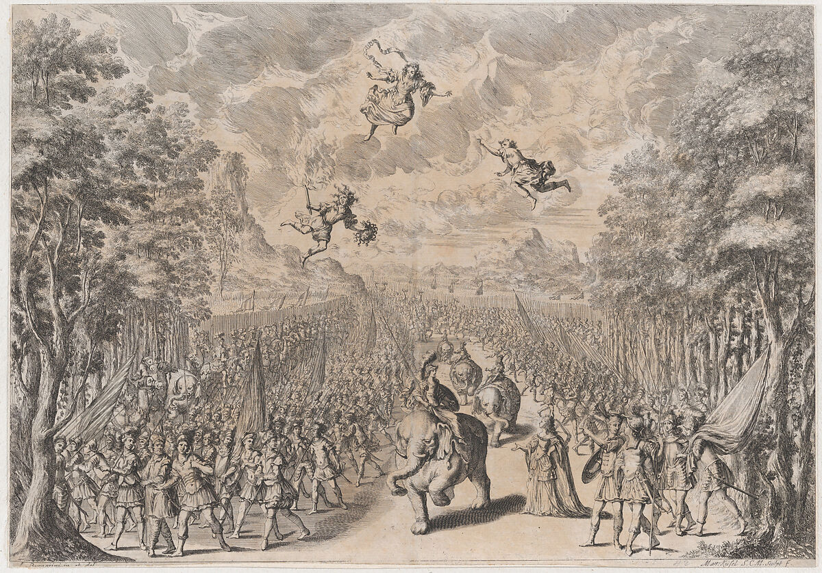 An army marching through a field; soldiers on foot at left and right, while others ride elephants and camels down the center; set design from 'La Monarchia Latina Trionfante', Mathäus Küsel (German, 1621–1682), Etching 