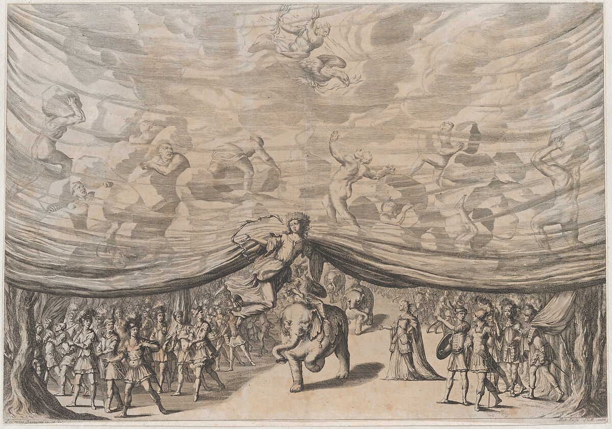 Prologue; the stage curtain is lifted to reveal a soldier on an elephant surrounded by his army; above Jupiter and his eagle look down on men carrying boulders; set design from 'La Monarchia Latina Trionfante', Mathäus Küsel (German, 1621–1682), Etching 