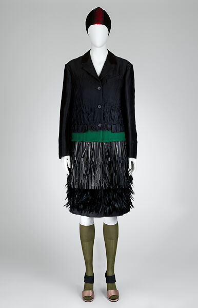 Ensemble, Prada (Italian, founded 1913), (a) silk, linen, acrylic, wool, viscose, synthetic, feather, metal, (b) silk, polyester, synthetic, metal, (c) wool, (d, e) silk, (f, g) silk, leather, Italian 