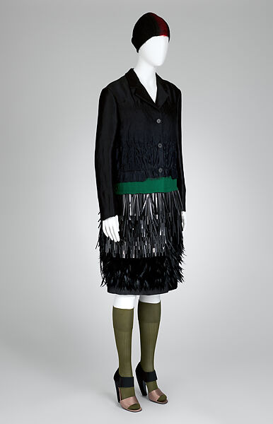 Ensemble, Prada (Italian, founded 1913), (a) silk, linen, acrylic, wool, viscose, synthetic, feather, metal, (b) silk, polyester, synthetic, metal, (c) wool, (d, e) silk, (f, g) silk, leather, Italian