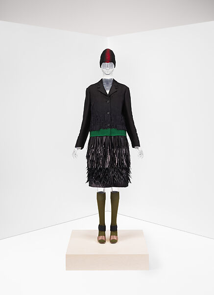 Ensemble, Prada (Italian, founded 1913), (a) silk, linen, acrylic, wool, viscose, synthetic, feather, metal, (b) silk, polyester, synthetic, metal, (c) wool, (d, e) silk, (f, g) silk, leather, Italian
