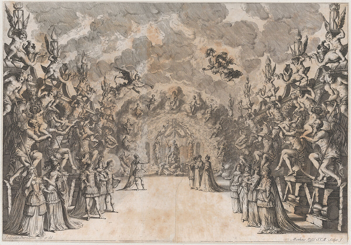 The Seat of Saturn; Saturn at center, seated on a throne of rubble, conversing with a king and three men who stand before him; lining the walls on each side are four figures of Saturn devouring children; set design from 'La Monarchia Latina Trionfante', Mathäus Küsel (German, 1621–1682), Etching 