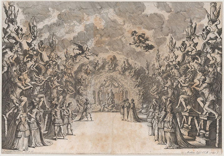 The Seat of Saturn; Saturn at center, seated on a throne of rubble, conversing with a king and three men who stand before him; lining the walls on each side are four figures of Saturn devouring children; set design from 'La Monarchia Latina Trionfante'