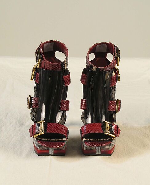 Ensemble, Alexander McQueen (British, founded 1992), (a) silk, horsehair, synthetic, metal; (b, c) synthetic, snakeskin, metal; (d) metal, British