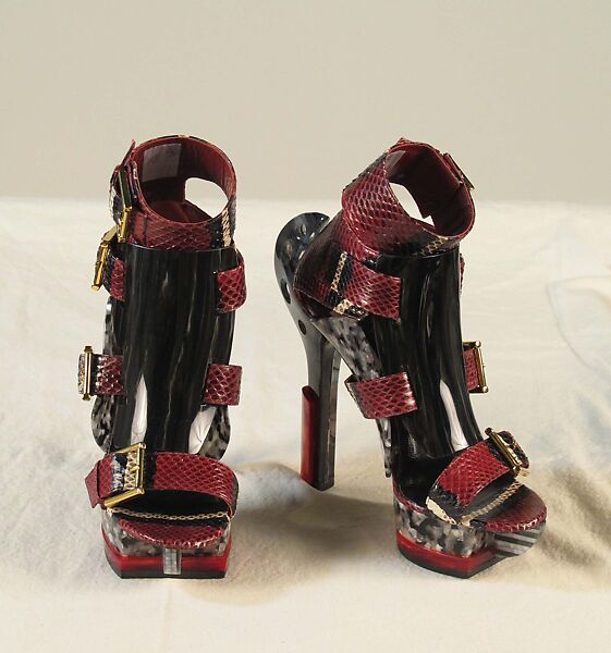 Ensemble, Alexander McQueen (British, founded 1992), (a) silk, horsehair, synthetic, metal; (b, c) synthetic, snakeskin, metal; (d) metal, British