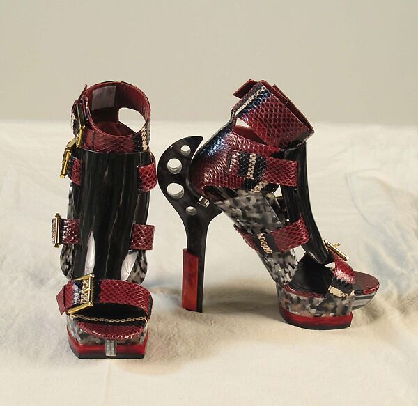 Ensemble, Alexander McQueen (British, founded 1992), (a) silk, horsehair, synthetic, metal; (b, c) synthetic, snakeskin, metal; (d) metal, British