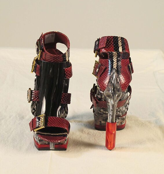 Ensemble, Alexander McQueen (British, founded 1992), (a) silk, horsehair, synthetic, metal; (b, c) synthetic, snakeskin, metal; (d) metal, British