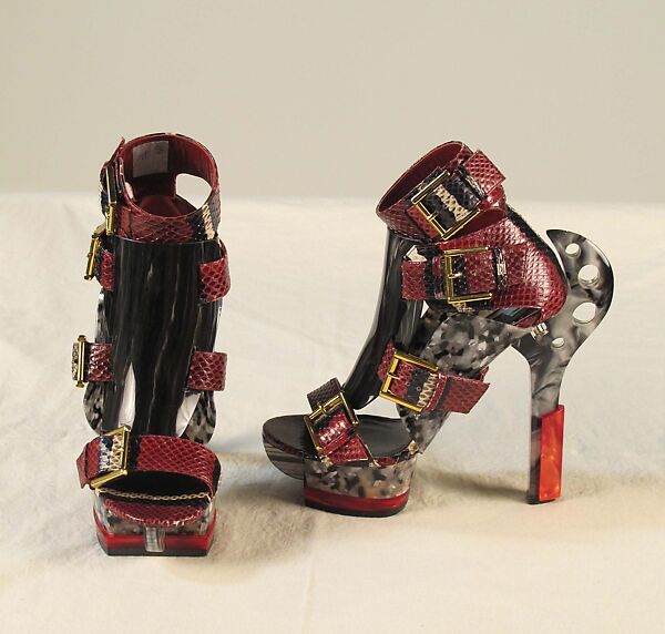 Ensemble, Alexander McQueen (British, founded 1992), (a) silk, horsehair, synthetic, metal; (b, c) synthetic, snakeskin, metal; (d) metal, British