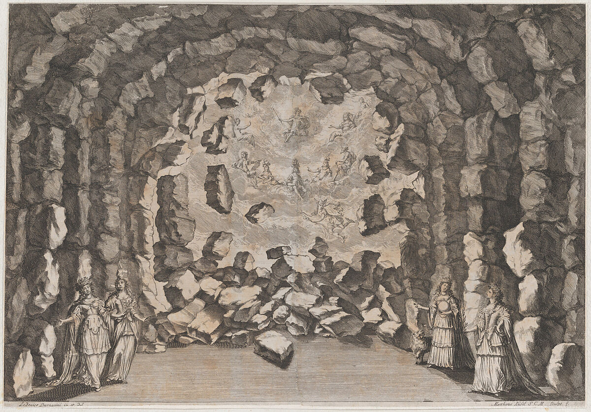 A grotto with collapsing rocks, opening to a sky full of the enthroned gods of Olympus, including Jupiter, Apollo, Mars, Venus, and Mercury; set design from 'La Monarchia Latina Trionfante', Mathäus Küsel (German, 1621–1682), Etching 