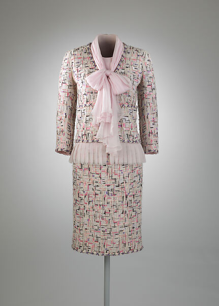 Ensemble, House of Chanel (French, founded 1910), wool, silk, metal, glass, marcasite, plastic, French 