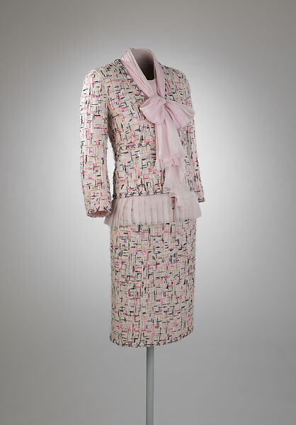 Ensemble, House of Chanel (French, founded 1910), wool, silk, metal, glass, marcasite, plastic, French