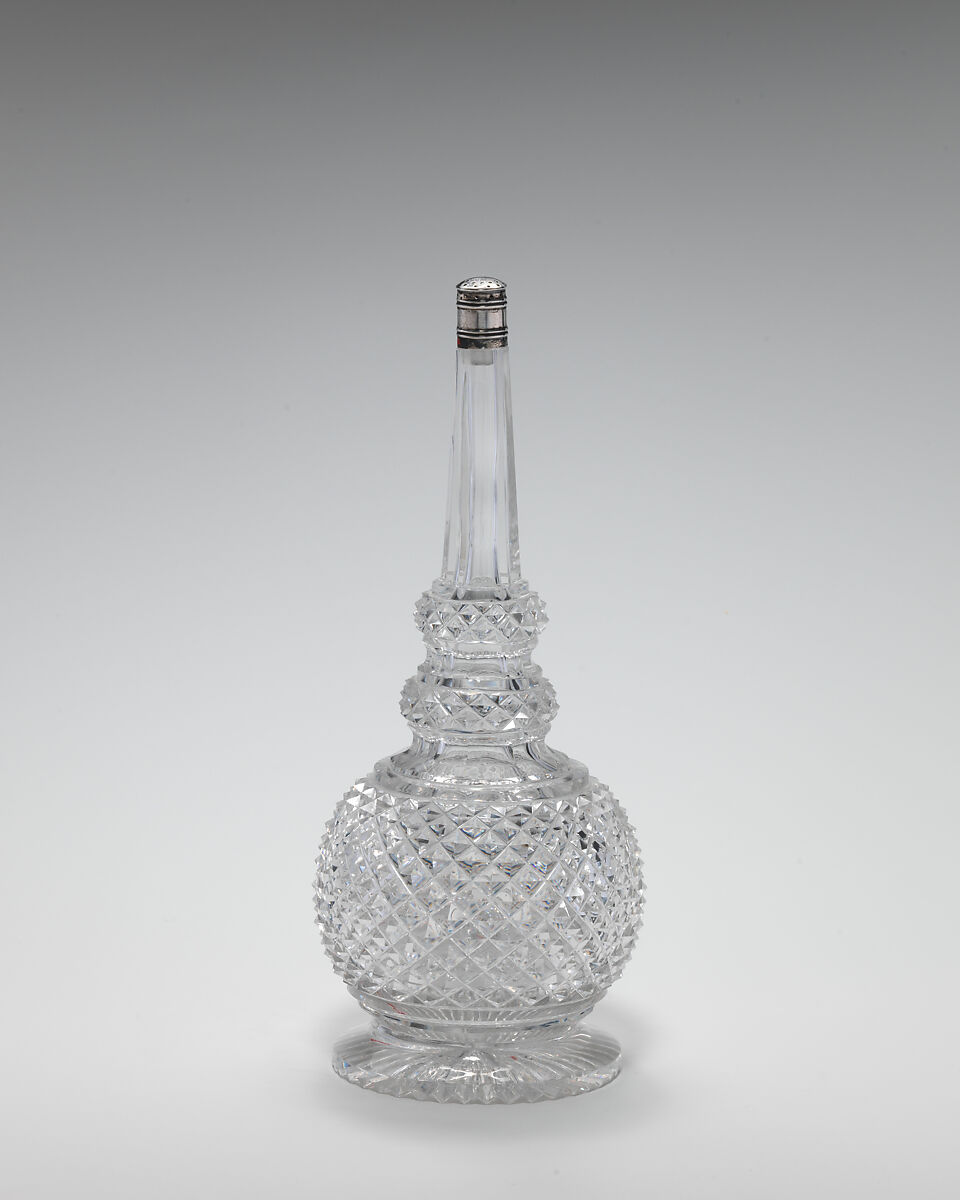 Rosewater sprinkler, Possibly by F. &amp; C. Osler (British, Birmingham and London, 1807–1922), Cut lead glass with silver mounts, British, Birmingham, for the Indian export market 