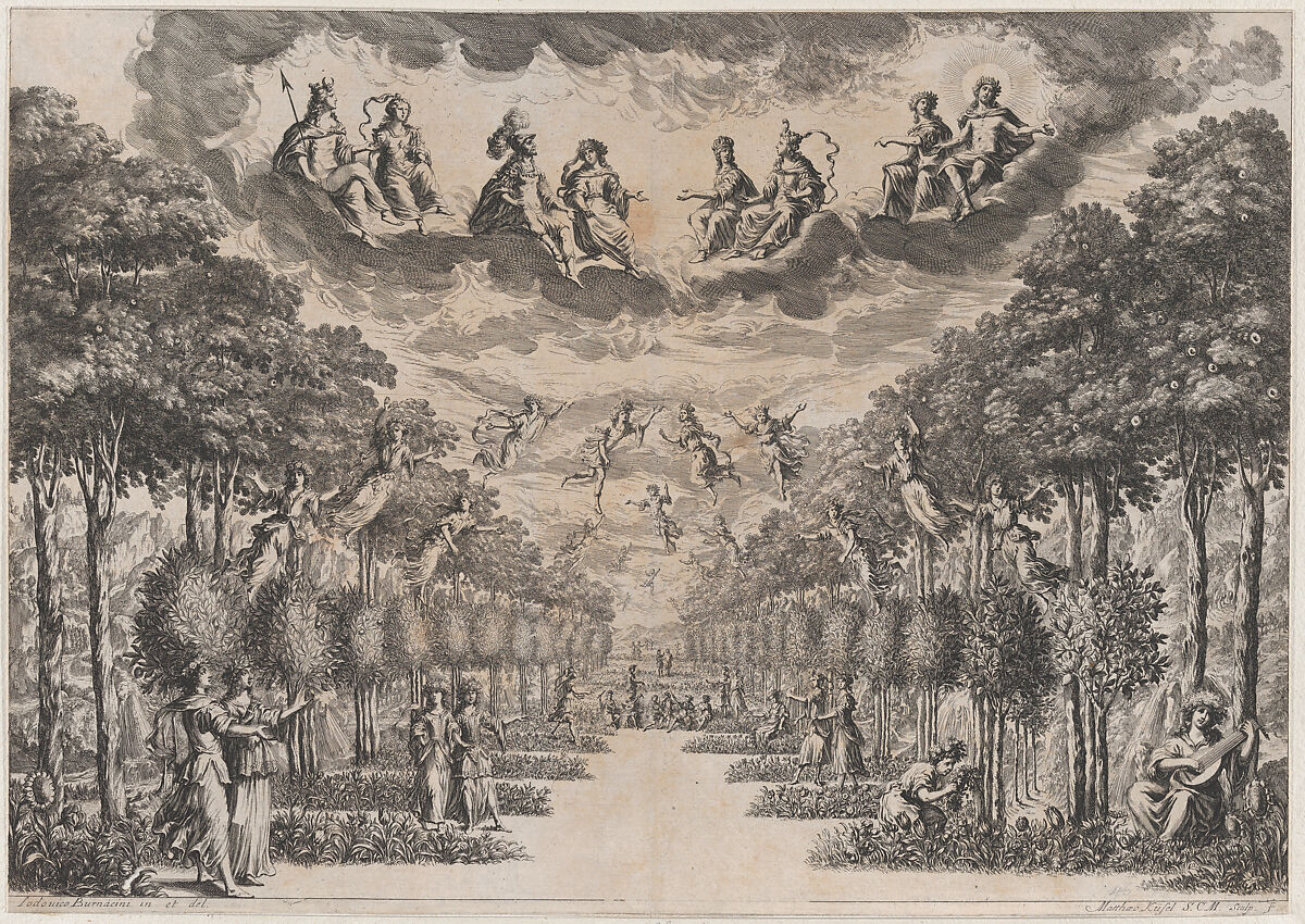The Elysian Fields; set design from 'La Monarchia Latina Trionfante', Mathäus Küsel (German, 1621–1682), Etching 