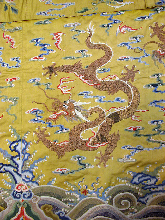 Table valance with dragons and phoenix, Silk and metal thread embroidery on silk satin, China