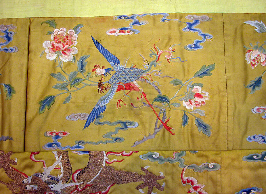 Table valance with dragons and phoenix, Silk and metal thread embroidery on silk satin, China