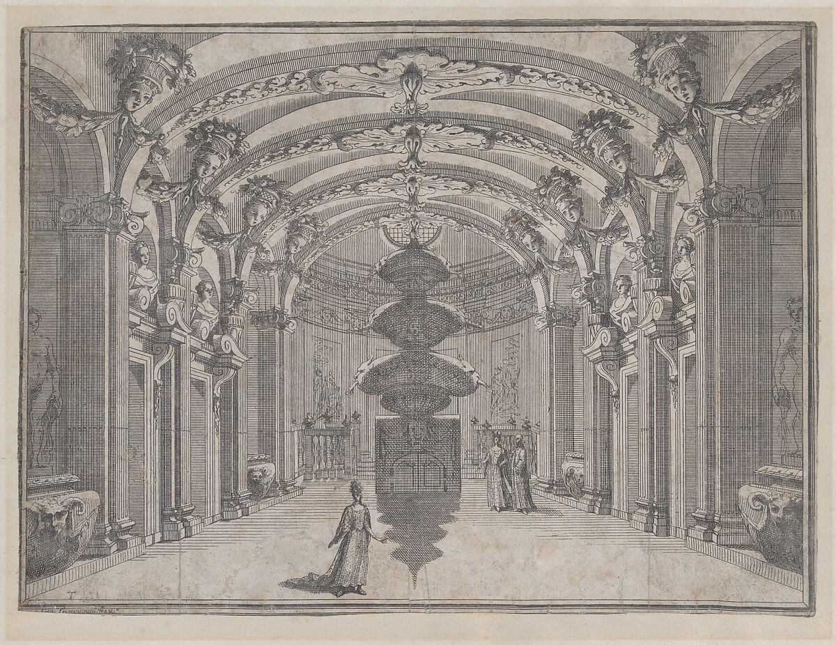 Theatrical scene in a great hall with a vaulted ceiling and a central sculpture; two figures converse in the background while a third stands alone in the foreground, Giacomo-Maria Giovannini (Italian, Bologna 1667–1717 Parma), Etching 