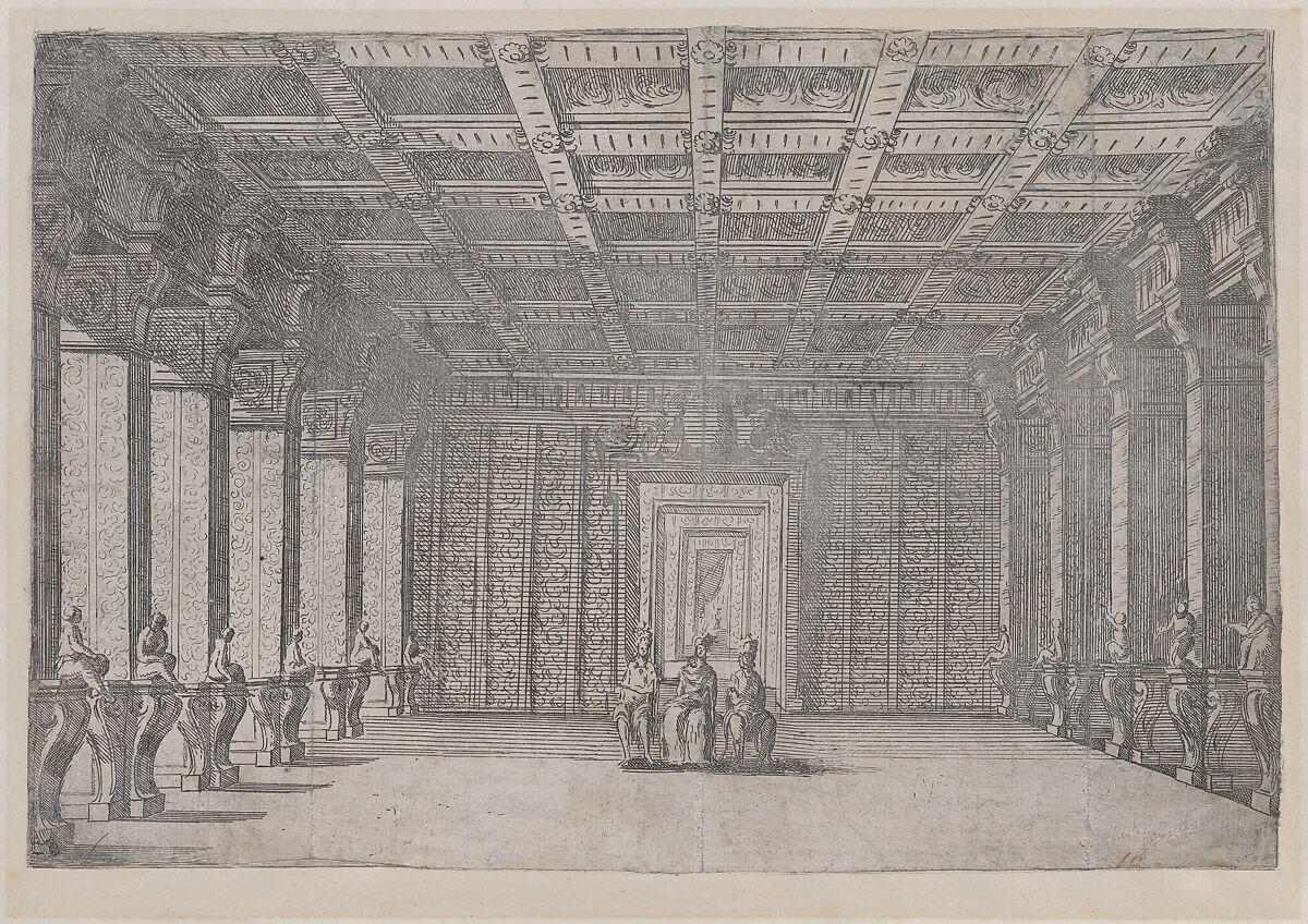 Theatrical scene with three figures seated in the middle of a room with columns at left and right and a coffered ceiling, Possibly after Ludovico Ottaviano Burnacini (Italian, Mantua 1636–1707 Vienna (active Austria)), Etching 