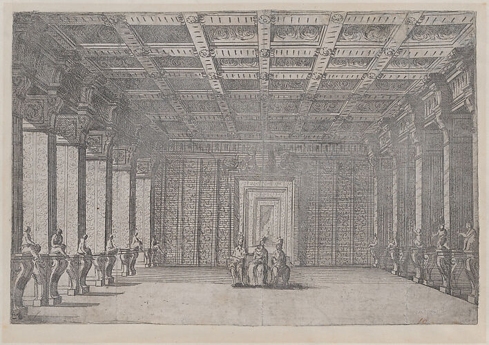 Theatrical scene with three figures seated in the middle of a room with columns at left and right and a coffered ceiling