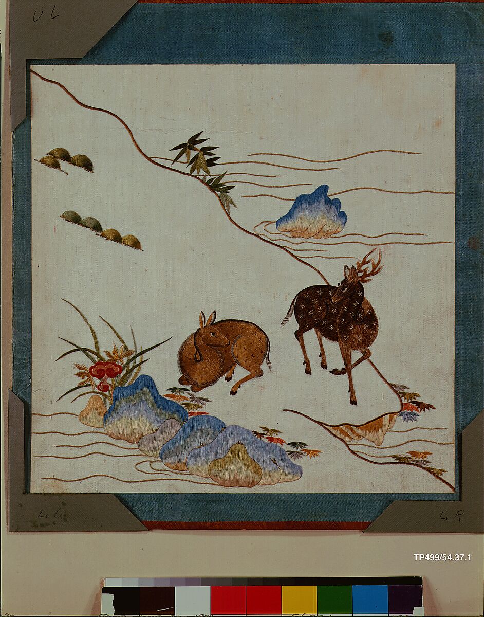 Landscape with Pair of Spotted Deer, Bamboo, Pine, Lingzhi Fungus, Iris, Water plants and Rocks, Silk; on silk, China 