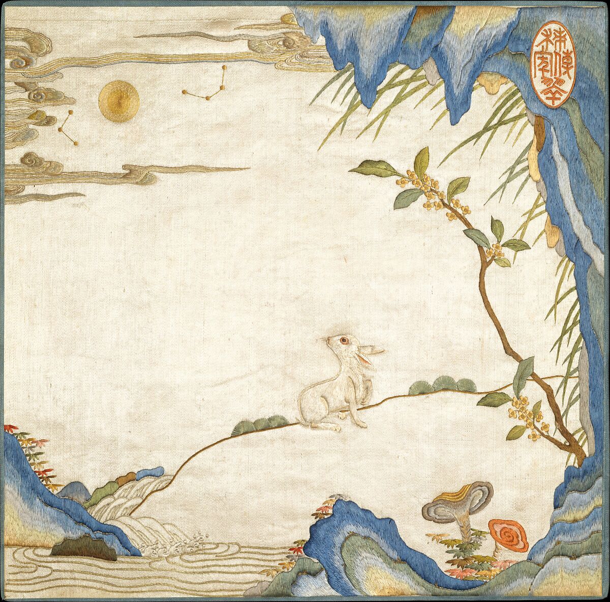 Rabbit gazing at the moon and stars besides a blossoming osmanthus, lingzhi fungus, and autumn leaves, Silk embroidery on silk satin, China 