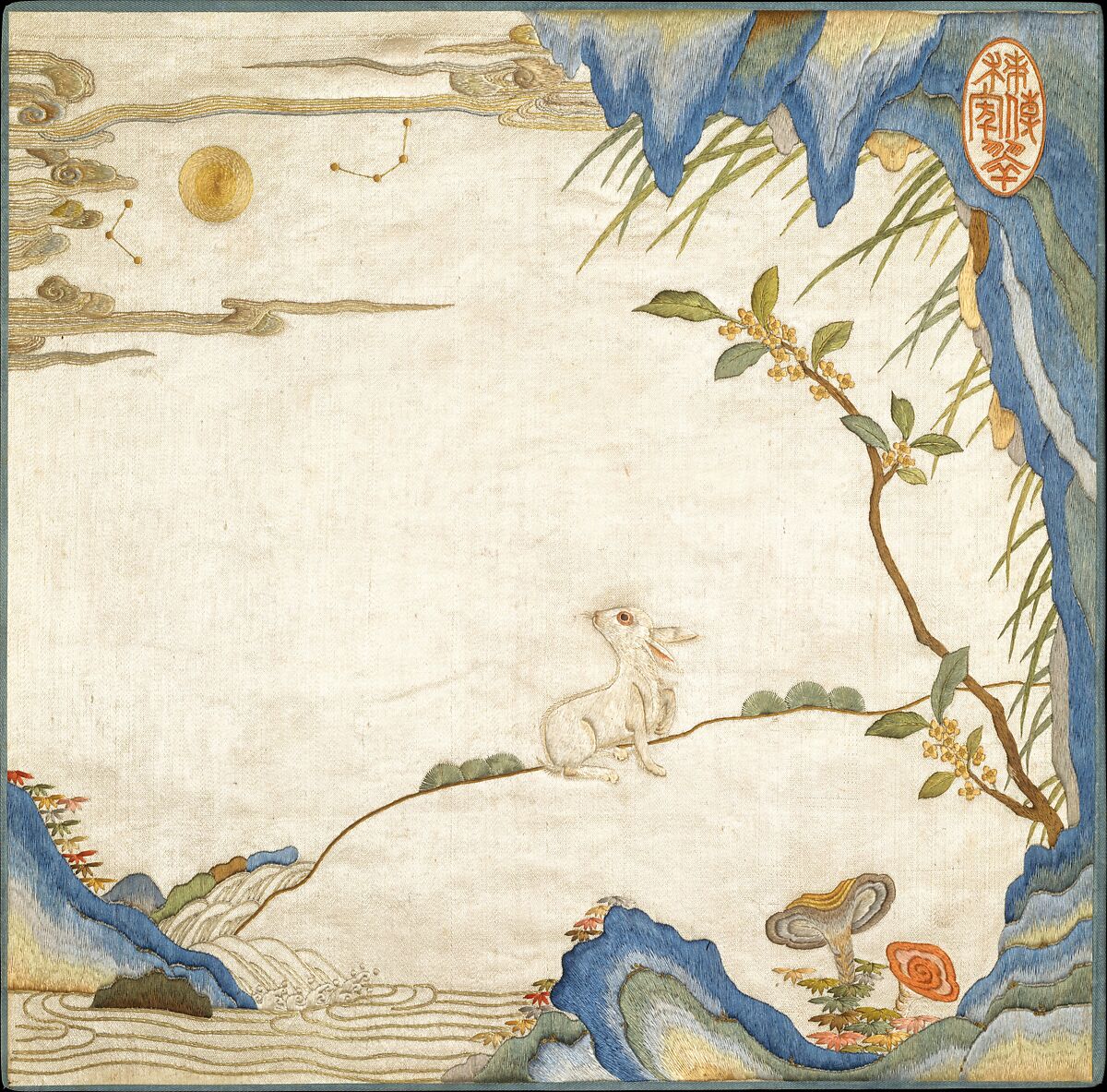 Rabbit gazing at the moon and stars besides a blossoming osmanthus, lingzhi fungus, and autumn leaves, Silk embroidery on silk satin, China