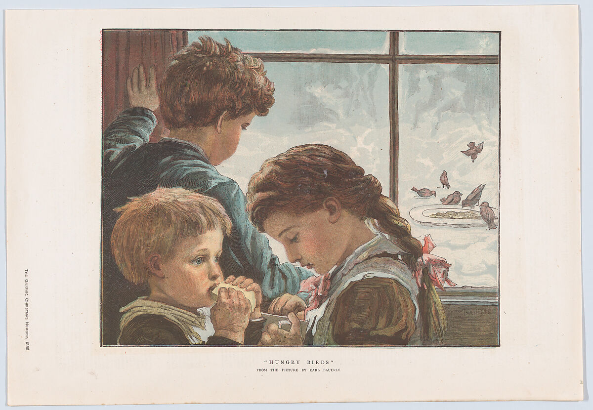 Hungry Birds, from "The Graphic" Christmas Number, After Karl Wilhelm Friedrich Bauerle (German, Endersbach, Wurttemberg 1831–1912 Aichelberg), Color wood engraving 