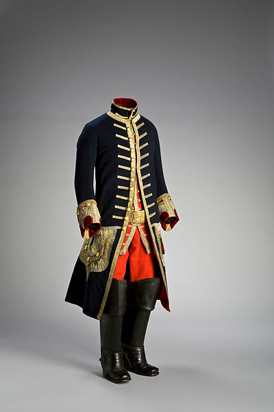 Hunting Costume, Tailor: Le Duc (French, recorded 1771), Body: broadcloth with velvet details, gold and silver galloons; lining: wool (coat), silk (waistcoat), chamois (breeches); swordbelt: chamois with gold galloons; boots: leather, French 