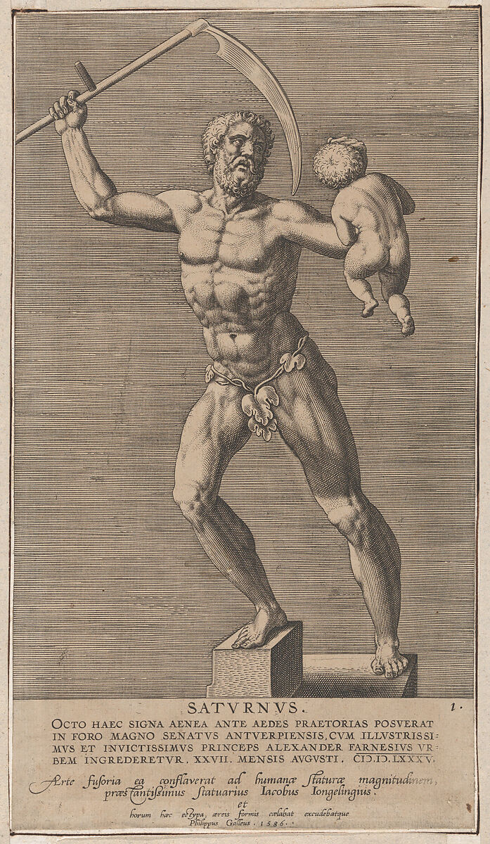 Saturn; statue of the nude god standing on a socle, holding a scythe in his right hand and a child in his left, plate 1 from "Statues of Roman Gods", Philips Galle (Netherlandish, Haarlem 1537–1612 Antwerp), Engraving 