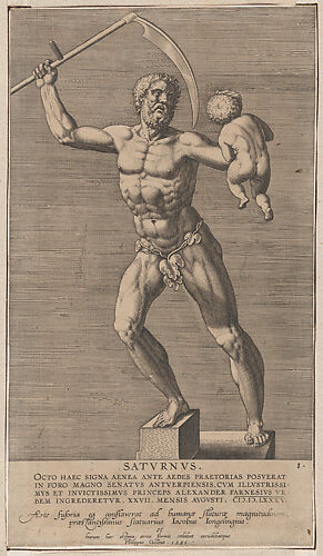Saturn; statue of the nude god standing on a socle, holding a scythe in his right hand and a child in his left, plate 1 from 