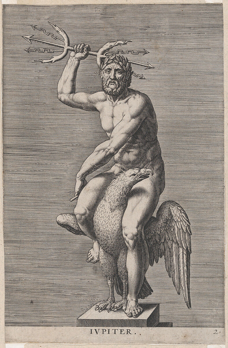 Jupiter; statue of the nude god seated on an eagle, holding a double trident, plate 2 from "Statues of Roman Gods", Philips Galle (Netherlandish, Haarlem 1537–1612 Antwerp), Engraving 