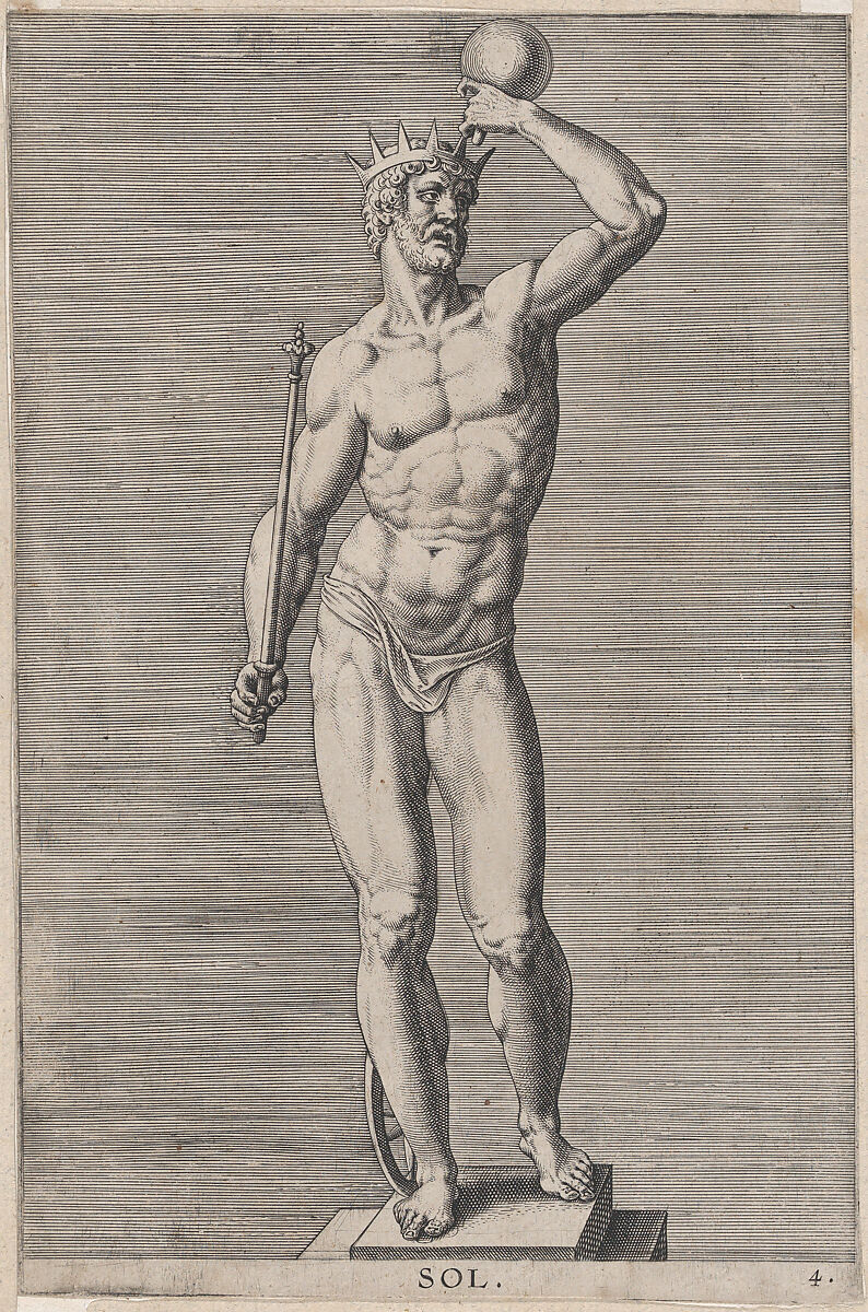 Apollo; statue of the nude god standing on a socle, wearing a crown and holding a scepter in his right hand and an orb in his left, plate 4 from "Statues of Roman Gods", Philips Galle (Netherlandish, Haarlem 1537–1612 Antwerp), Engraving 